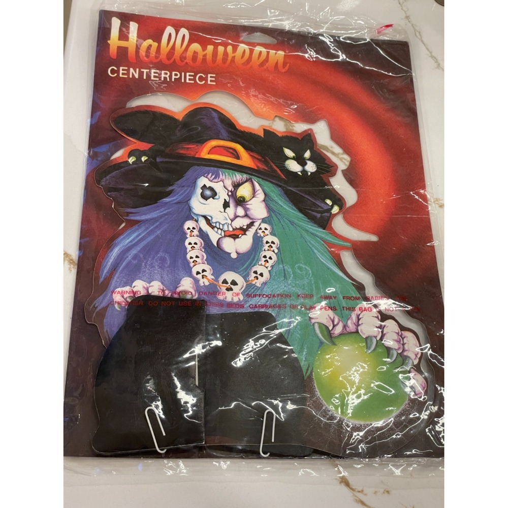 Vintage 80s Halloween Witch Cauldron Cat Skull Scary Honeycomb Centerpiece Decor